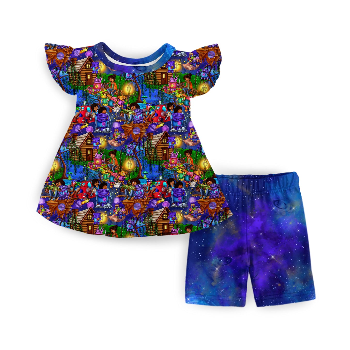 Cosmic Friends Flutter Sleeve Peplum Set