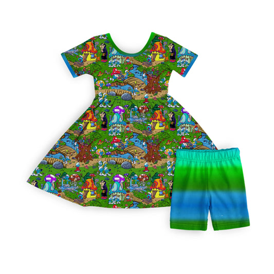 Mini Blue Crew Twirl Dress and Shorts